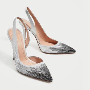 ZARA Silver Sequined Slingback Heels ~ Size 6